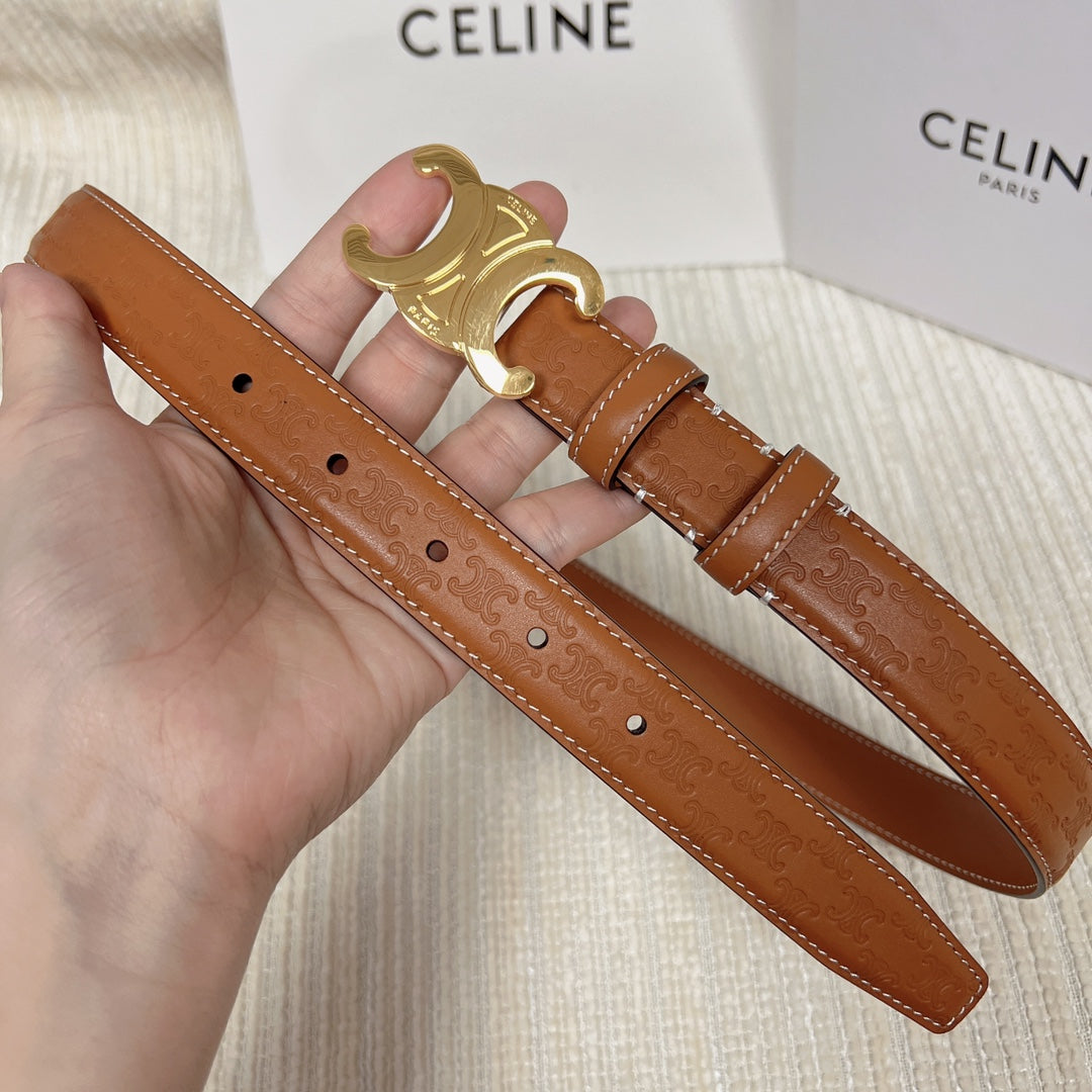CELINE Medium Triomphe Belt 25mm Tan Calfskin with Triomphe Embossed Ghw