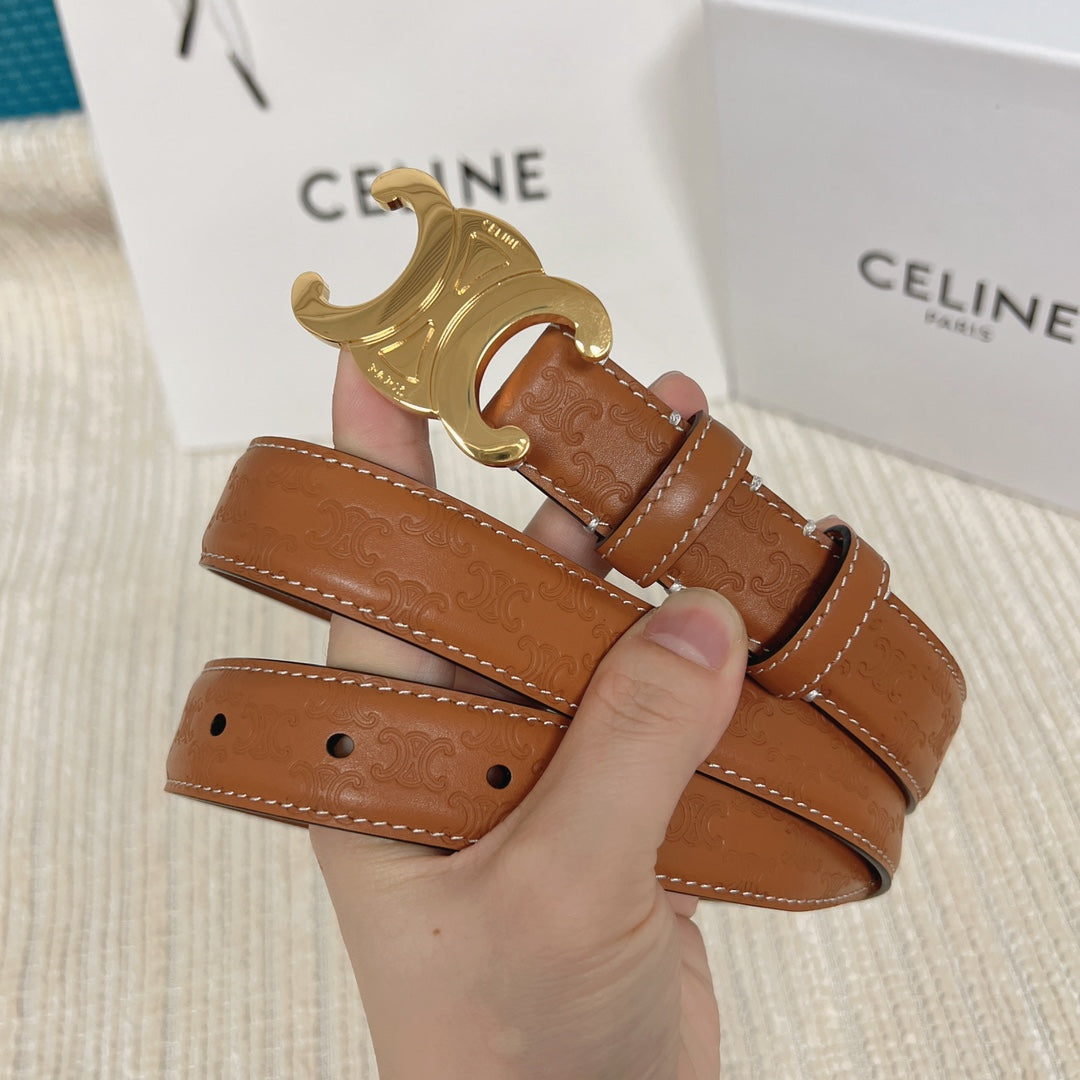 CELINE Medium Triomphe Belt 25mm Tan Calfskin with Triomphe Embossed Ghw