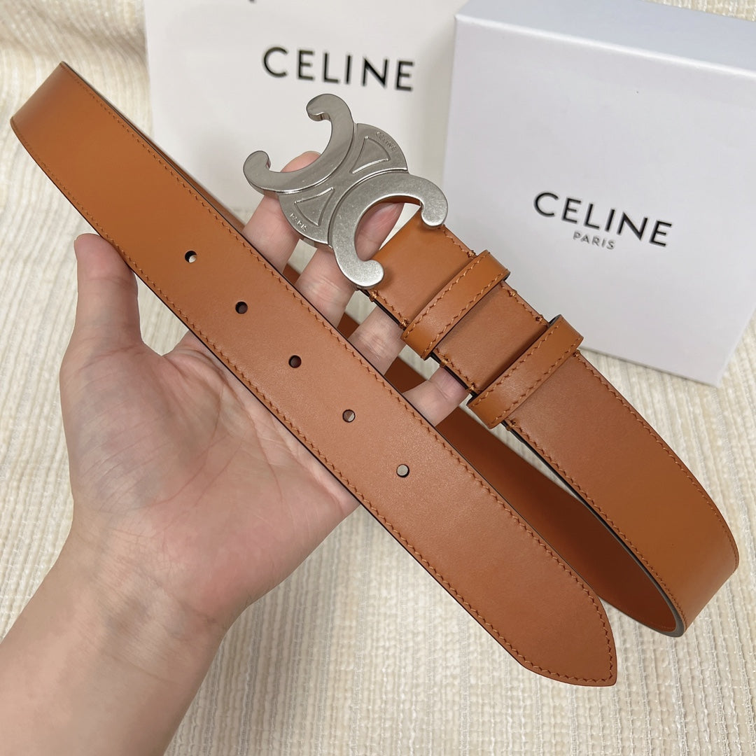 CELINE Medium Triomphe Belt 25mm Tan Calfskin Silver Finishing