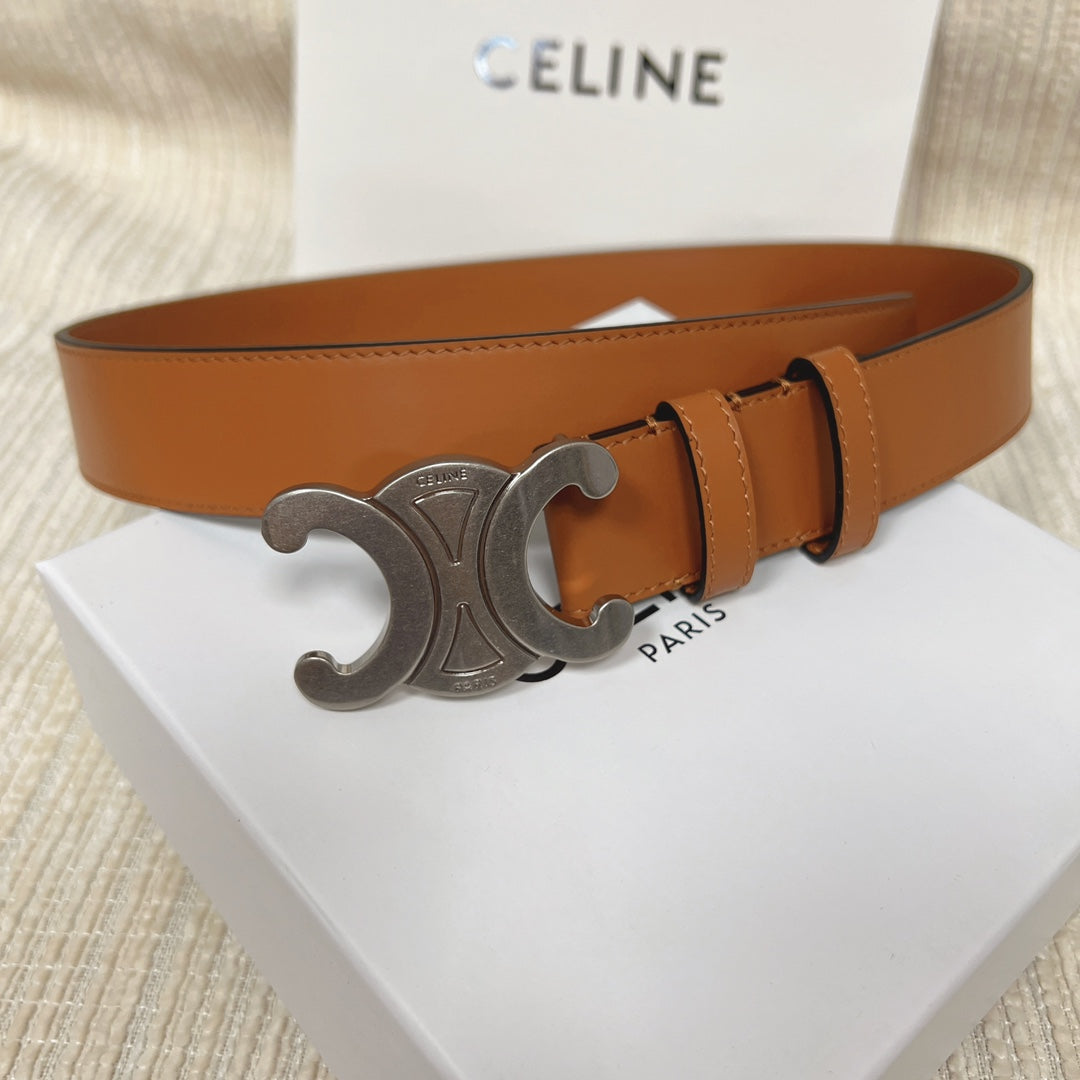 CELINE Medium Triomphe Belt 25mm Tan Calfskin Silver Finishing