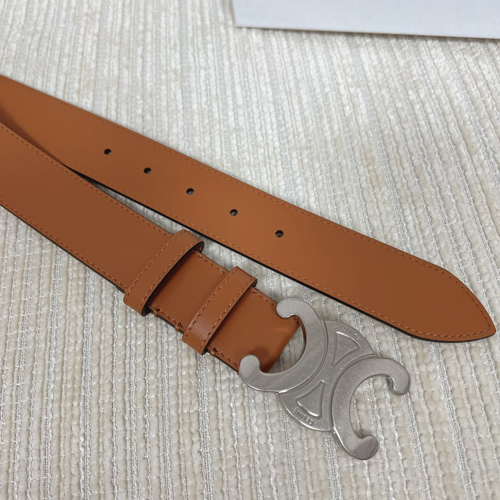 CELINE Medium Triomphe Belt 25mm Tan Calfskin Silver Finishing
