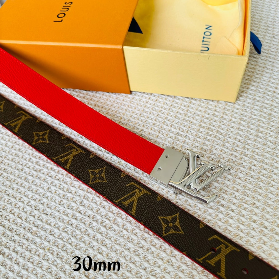 LOUIS VUITTON LV Initiales 30mm Reversible Belt Silver Rotating Buckle Red Brown Leather