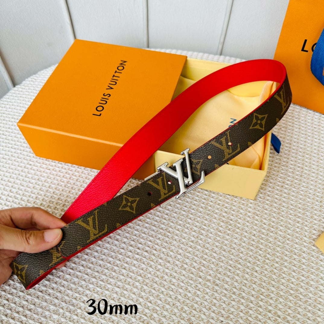 LOUIS VUITTON LV Initiales 30mm Reversible Belt Silver Rotating Buckle Red Brown Leather