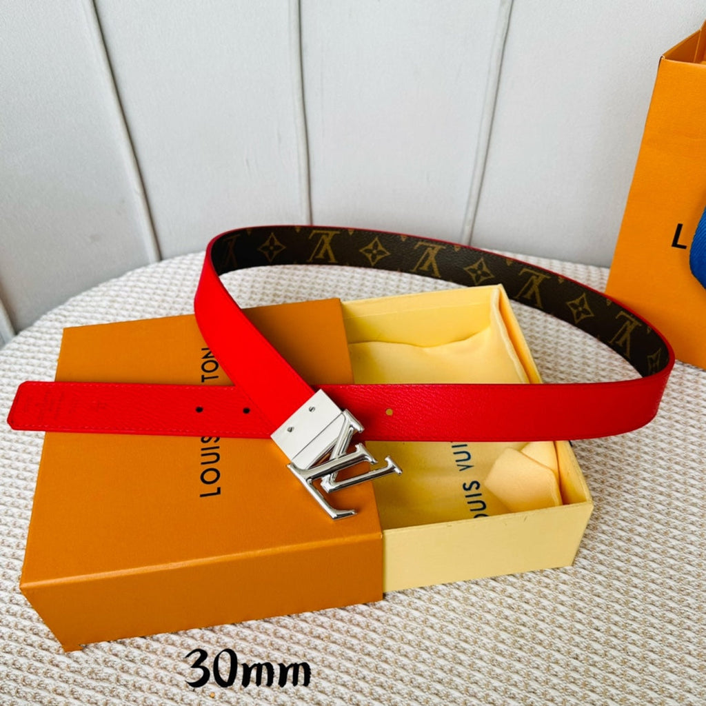 LOUIS VUITTON LV Initiales 30mm Reversible Belt Silver Rotating Buckle Red Brown Leather