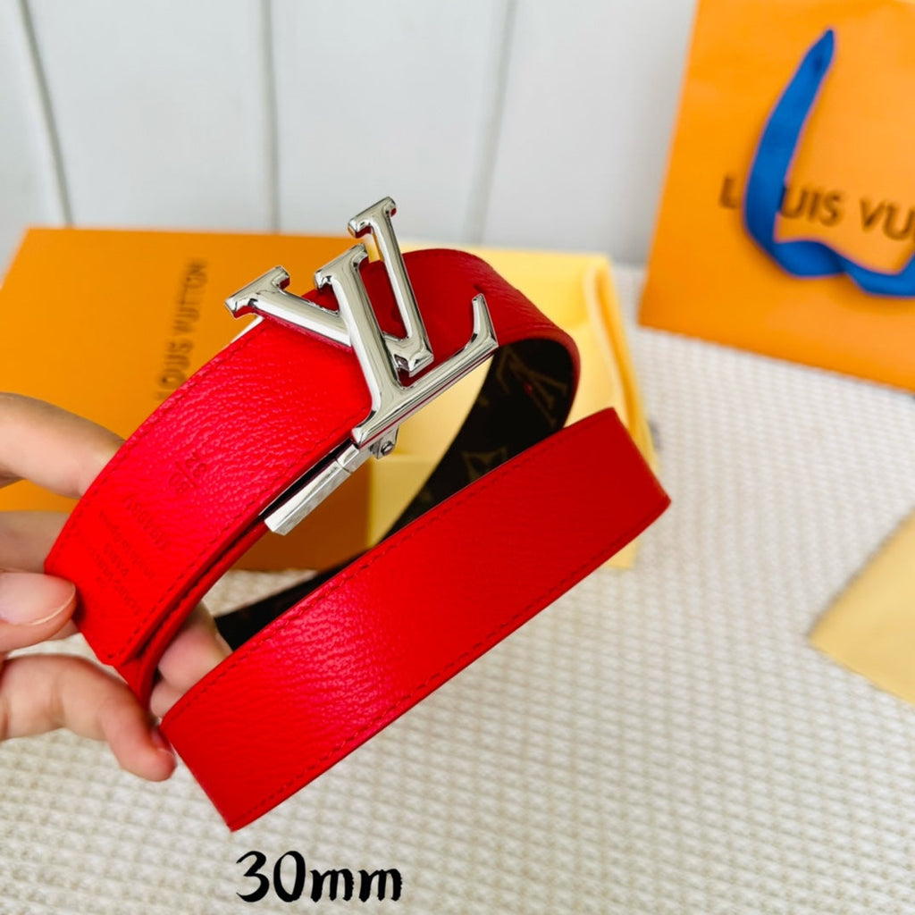 LOUIS VUITTON LV Initiales 30mm Reversible Belt Silver Rotating Buckle Red Brown Leather