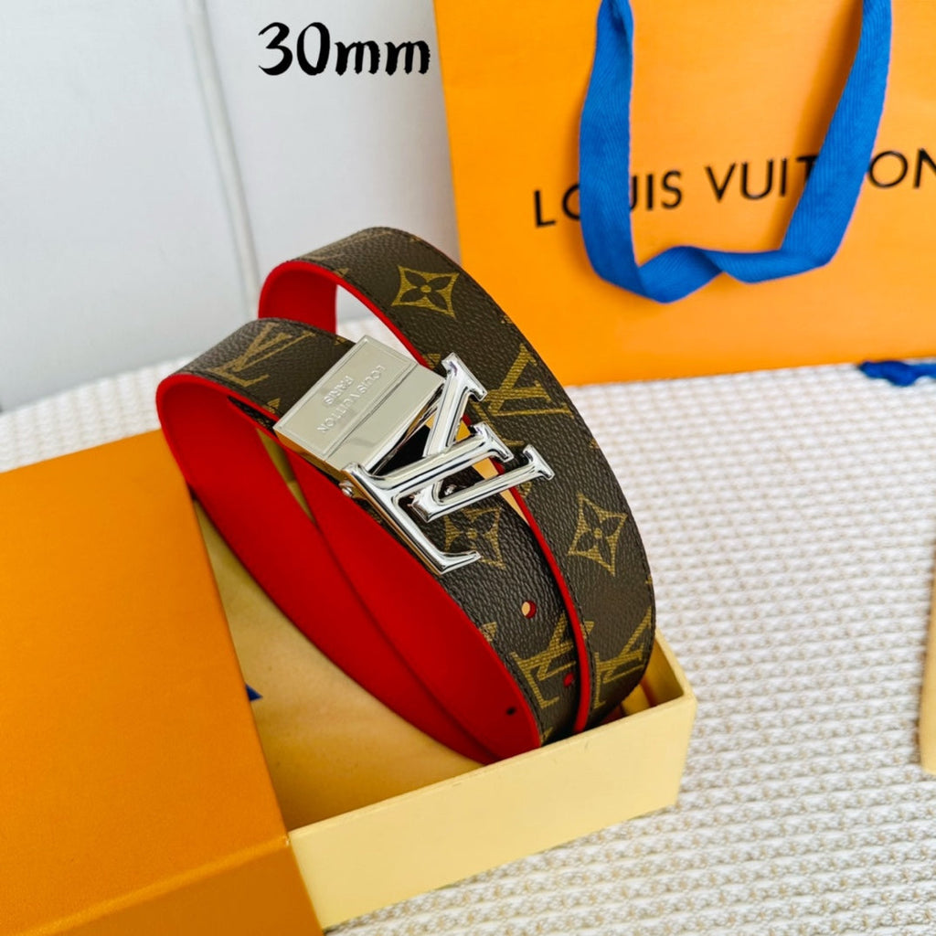 LOUIS VUITTON LV Initiales 30mm Reversible Belt Silver Rotating Buckle Red Brown Leather
