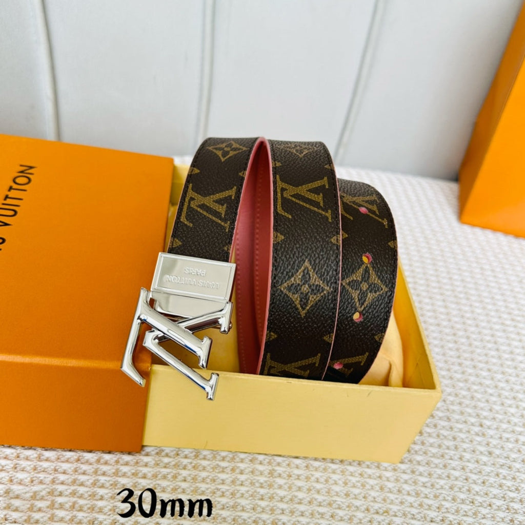 LOUIS VUITTON LV Initiales 30mm Reversible Belt Silver Rotating Buckle Pink Brown Leather