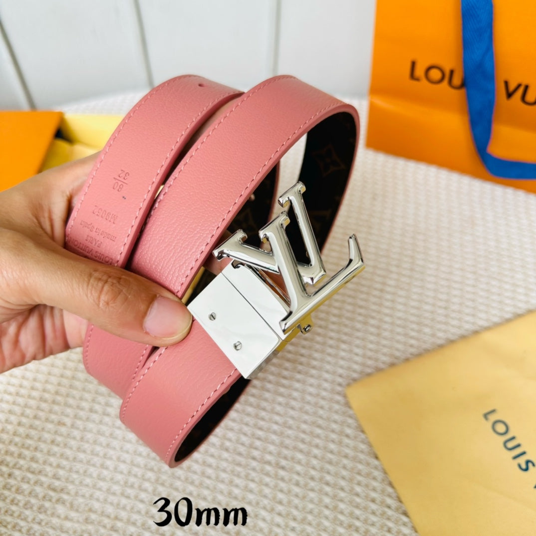 LOUIS VUITTON LV Initiales 30mm Reversible Belt Silver Rotating Buckle Pink Brown Leather