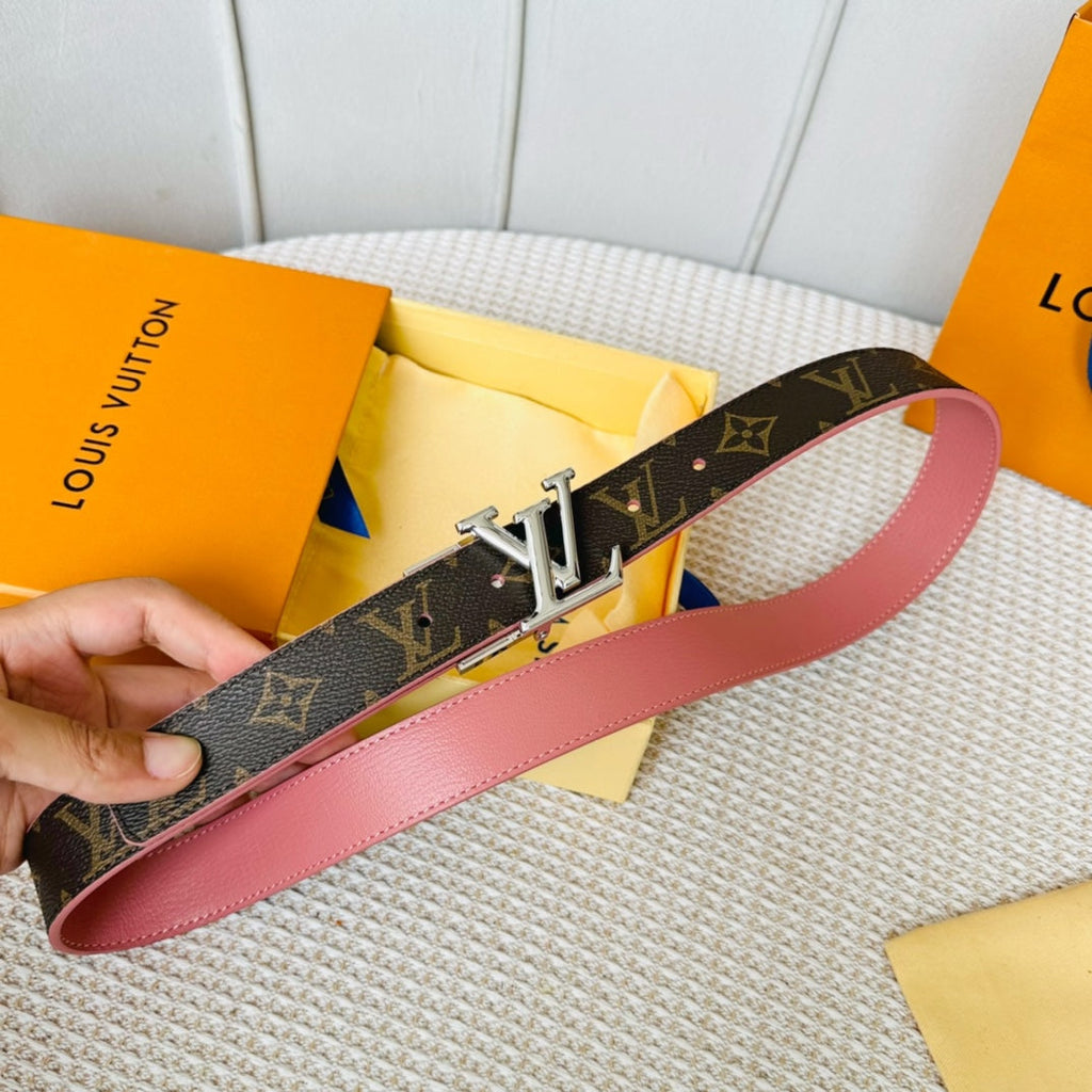 LOUIS VUITTON LV Initiales 30mm Reversible Belt Silver Rotating Buckle Pink Brown Leather
