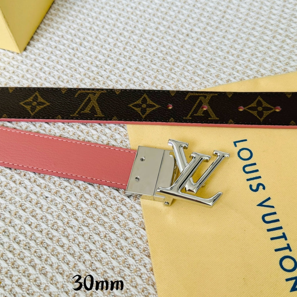 LOUIS VUITTON LV Initiales 30mm Reversible Belt Silver Rotating Buckle Pink Brown Leather