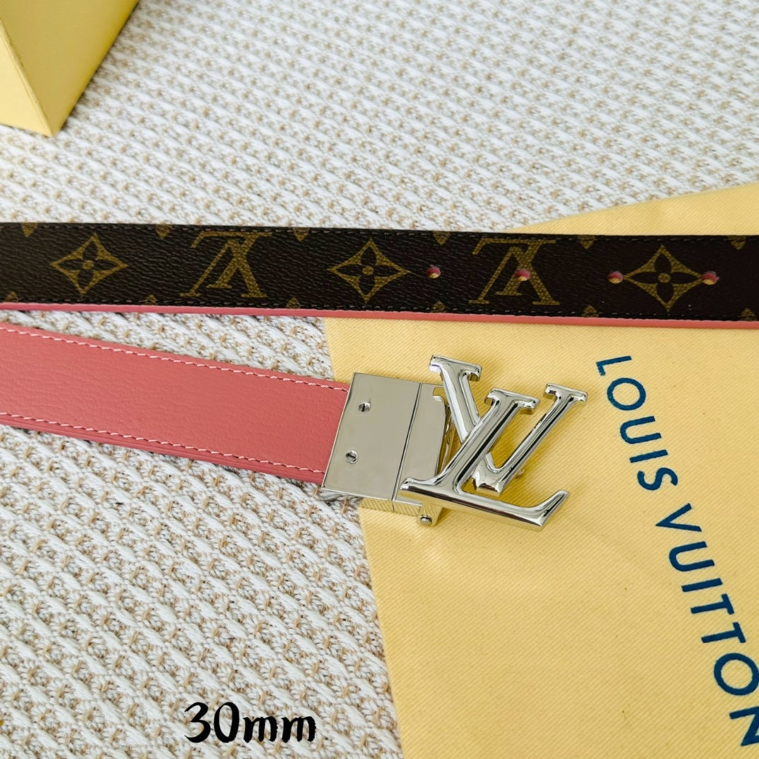 LOUIS VUITTON LV Initiales 30mm Reversible Belt Silver Rotating Buckle Pink Brown Leather