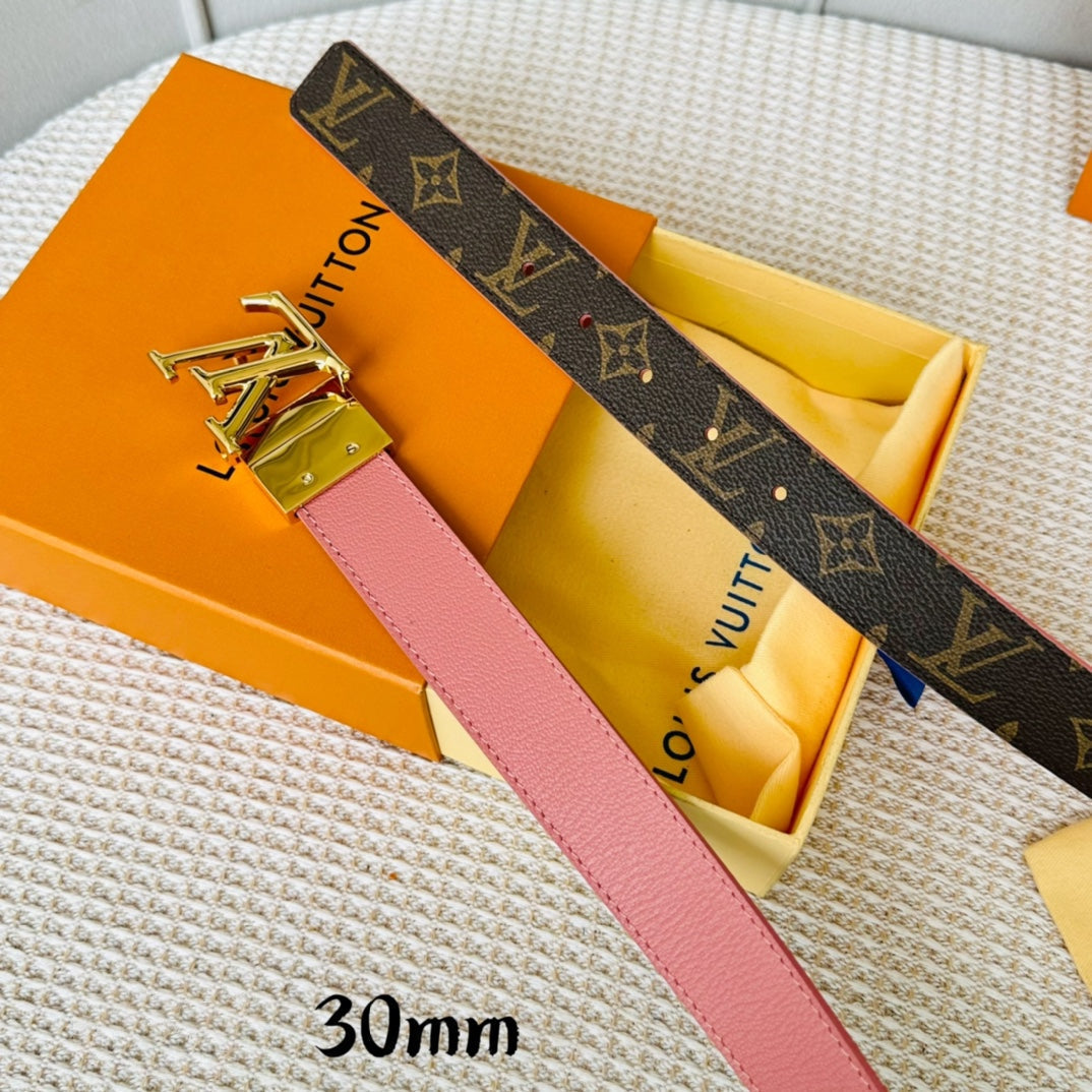 LOUIS VUITTON LV Initiales 30mm Reversible Belt Gold Rotating Buckle Pink Brown Leather