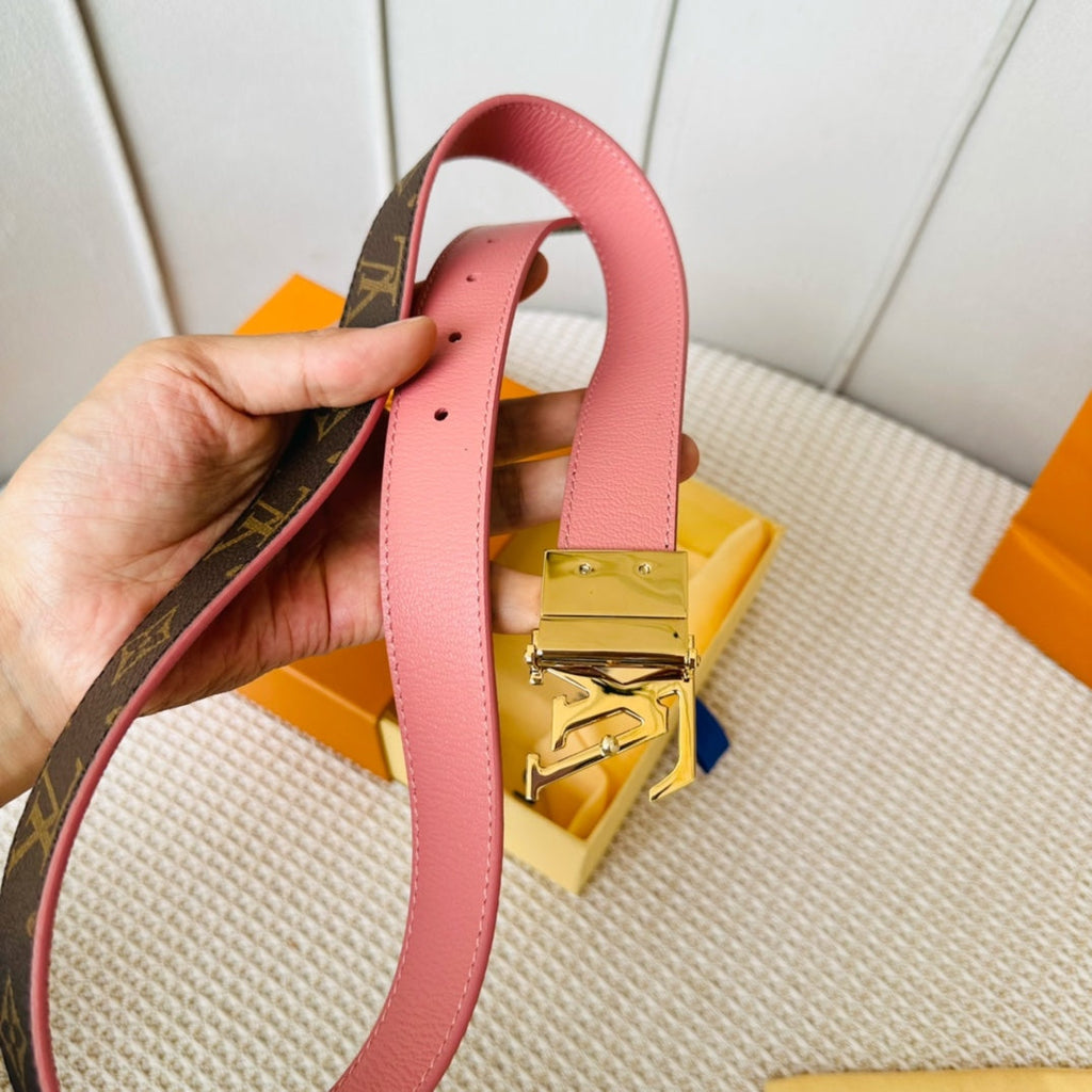 LOUIS VUITTON LV Initiales 30mm Reversible Belt Gold Rotating Buckle Pink Brown Leather