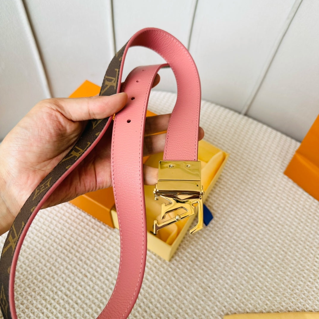 LOUIS VUITTON LV Initiales 30mm Reversible Belt Gold Rotating Buckle Pink Brown Leather