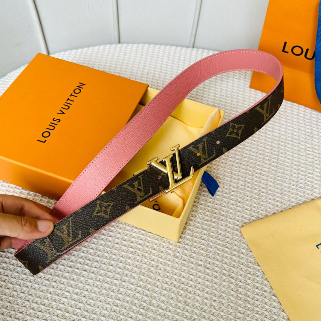 LOUIS VUITTON LV Initiales 30mm Reversible Belt Gold Rotating Buckle Pink Brown Leather