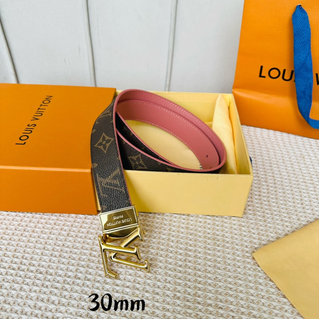 LOUIS VUITTON LV Initiales 30mm Reversible Belt Gold Rotating Buckle Pink Brown Leather
