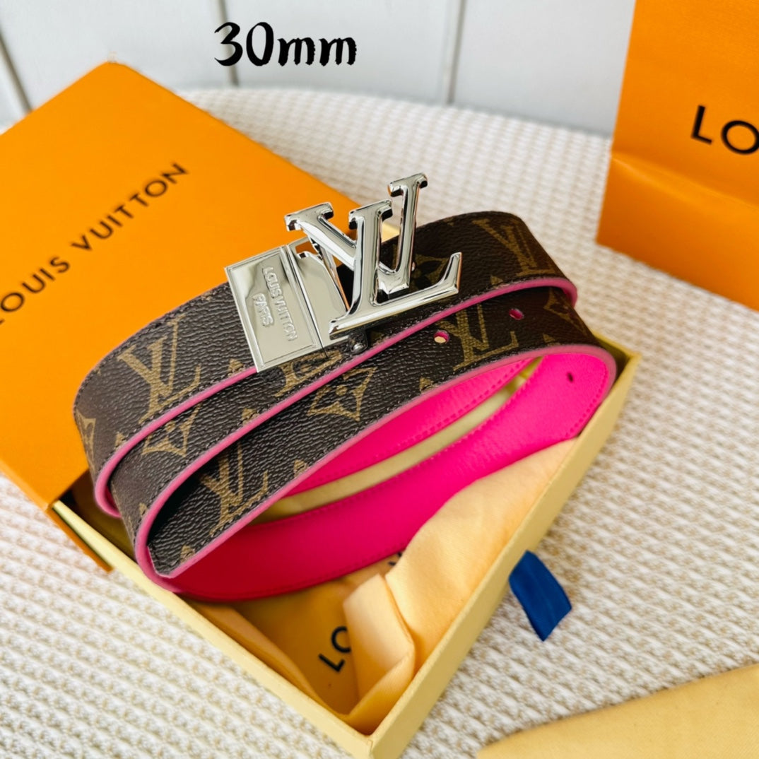 LOUIS VUITTON LV Initiales 30mm Reversible Belt Silver Rotating Buckle Hot Pink Brown Leather