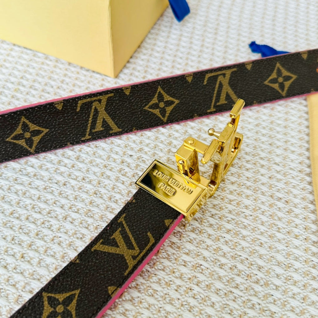 LOUIS VUITTON LV Initiales 30mm Reversible Belt Gold Rotating Buckle Hot Pink Brown Leather