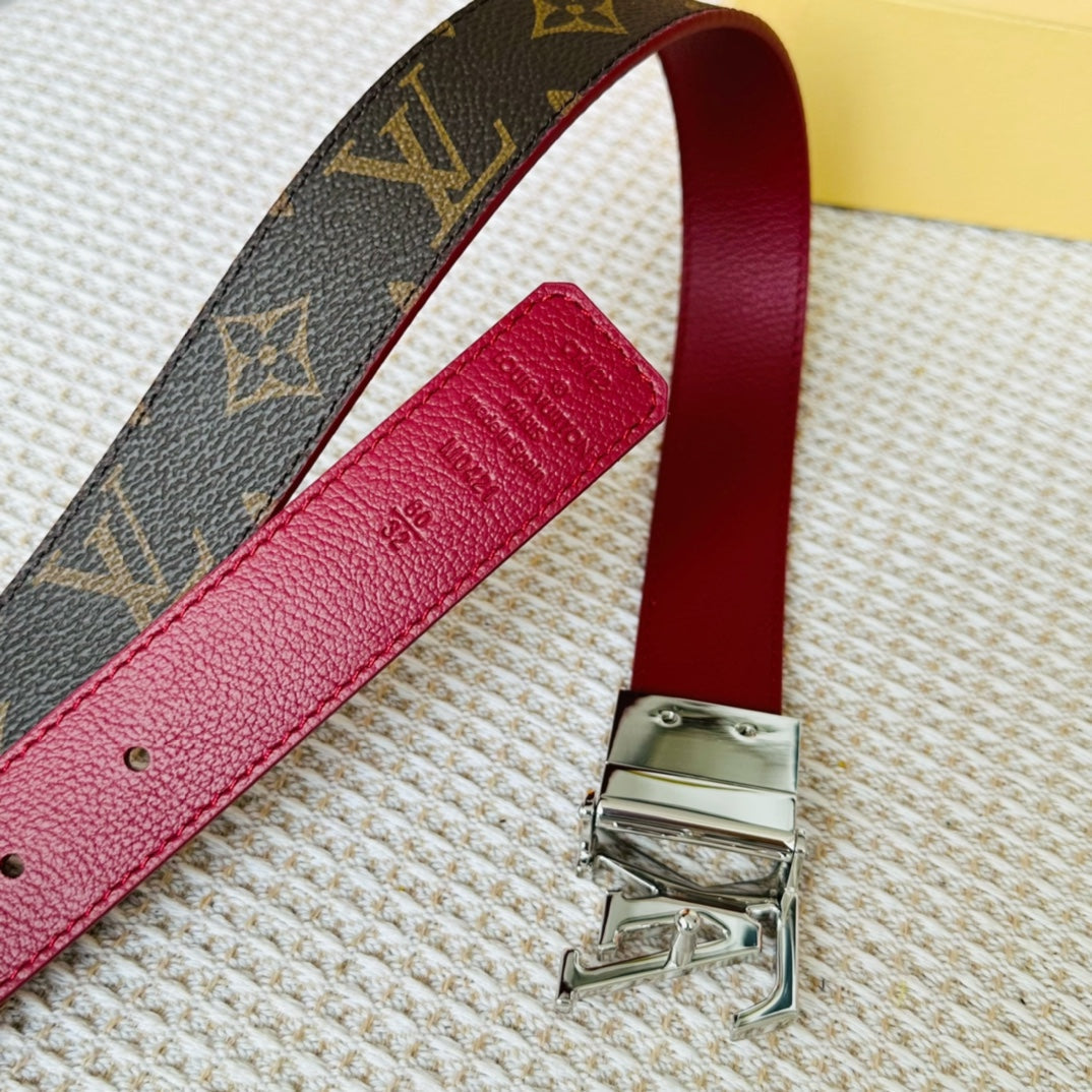 LOUIS VUITTON LV Initiales 30mm Reversible Belt Silver Rotating Buckle Burgundy Brown Leather