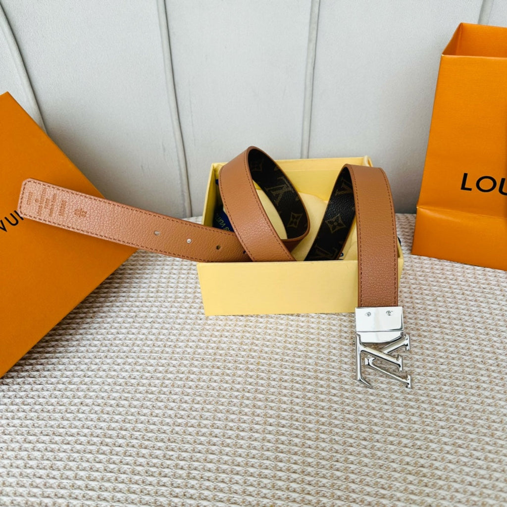 LOUIS VUITTON LV Initiales 30mm Reversible Belt Silver Rotating Buckle Tan Brown Leather