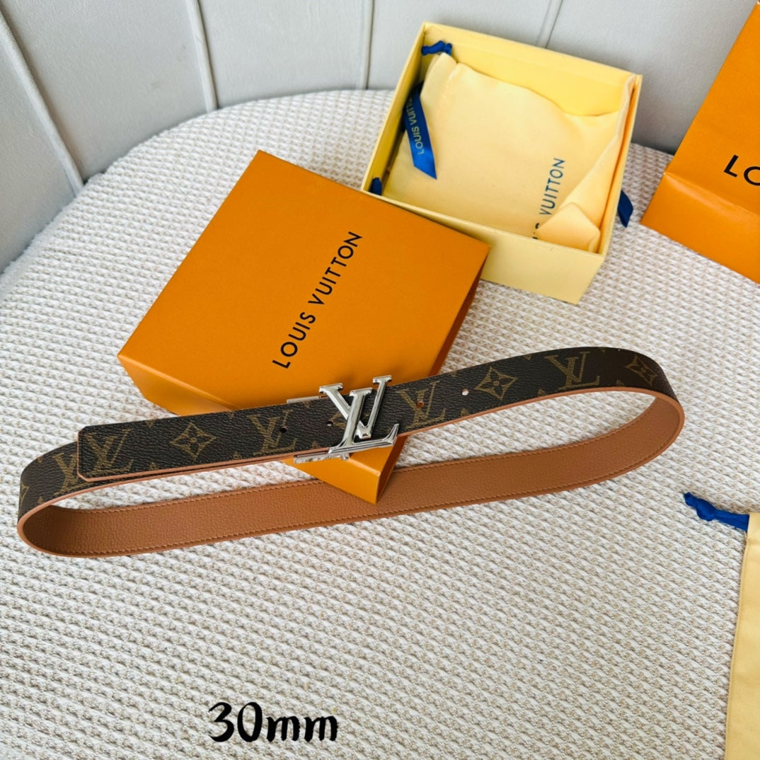 LOUIS VUITTON LV Initiales 30mm Reversible Belt Silver Rotating Buckle Tan Brown Leather