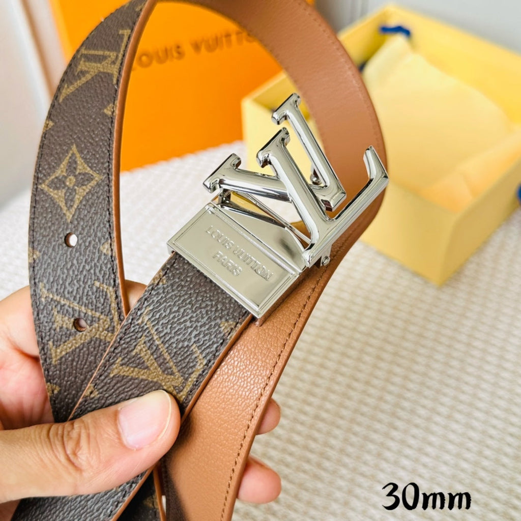 LOUIS VUITTON LV Initiales 30mm Reversible Belt Silver Rotating Buckle Tan Brown Leather