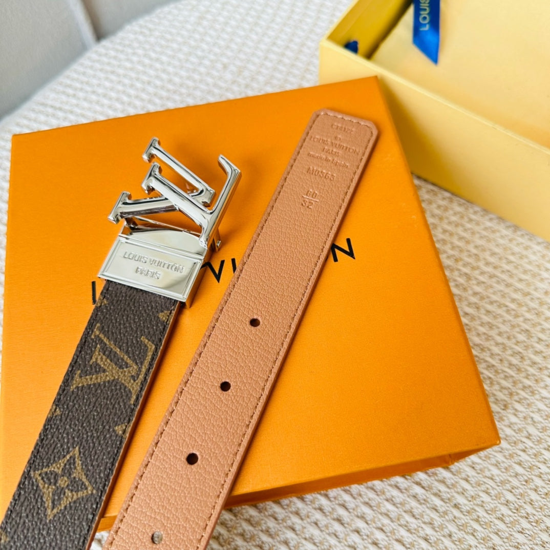 LOUIS VUITTON LV Initiales 30mm Reversible Belt Silver Rotating Buckle Tan Brown Leather