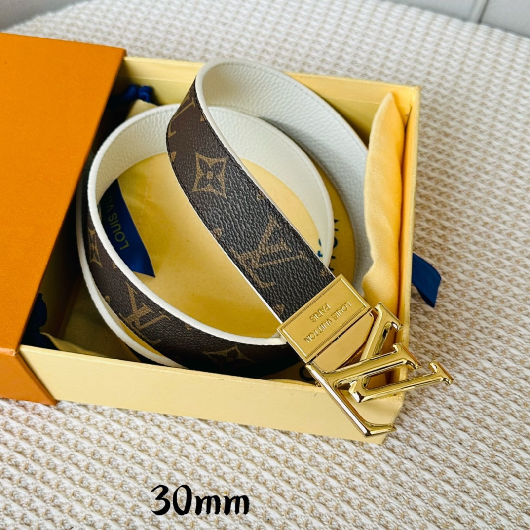 LOUIS VUITTON LV Initiales 30mm Reversible Belt Gold Rotating Buckle White Brown Leather
