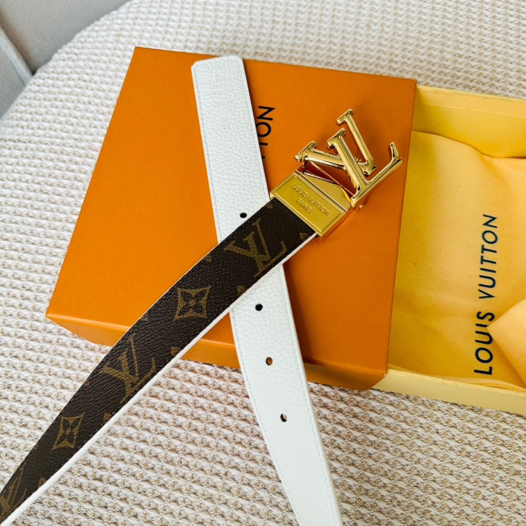 LOUIS VUITTON LV Initiales 30mm Reversible Belt Gold Rotating Buckle White Brown Leather