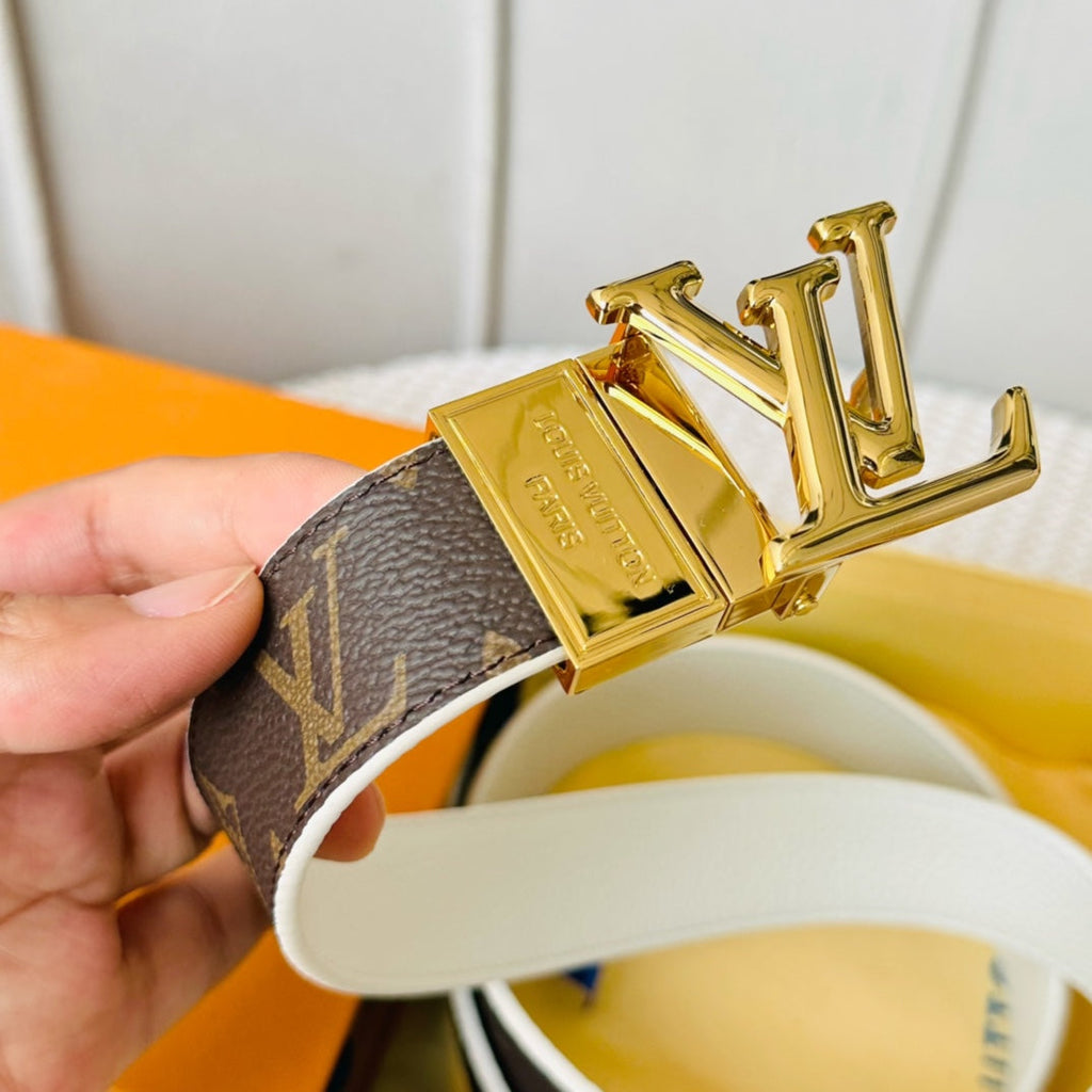 LOUIS VUITTON LV Initiales 30mm Reversible Belt Gold Rotating Buckle White Brown Leather