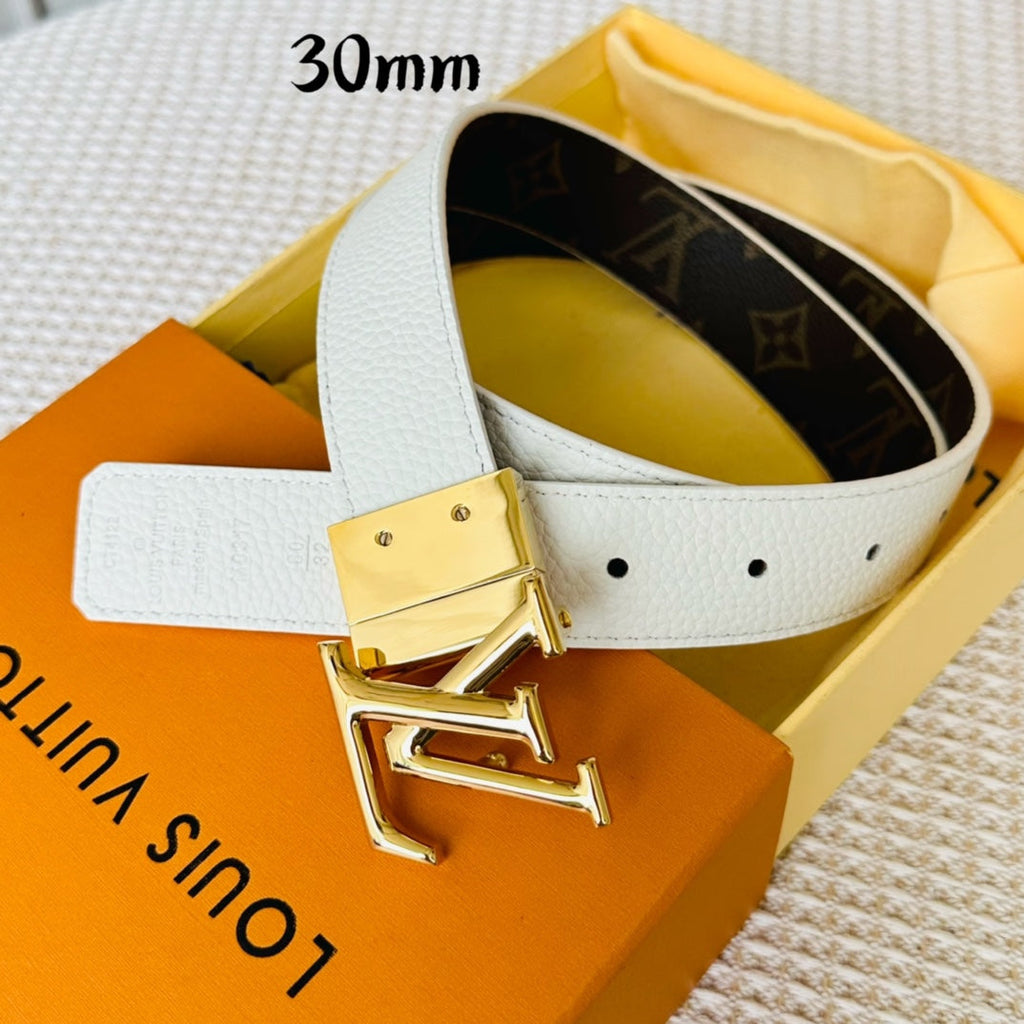 LOUIS VUITTON LV Initiales 30mm Reversible Belt Gold Rotating Buckle White Brown Leather