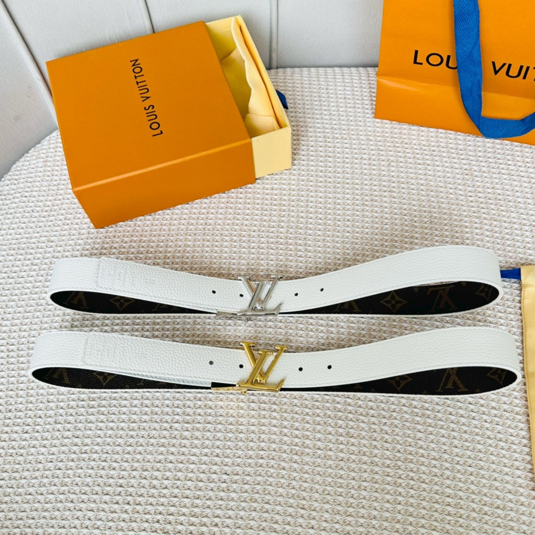 LOUIS VUITTON LV Initiales 30mm Reversible Belt Gold Rotating Buckle White Brown Leather