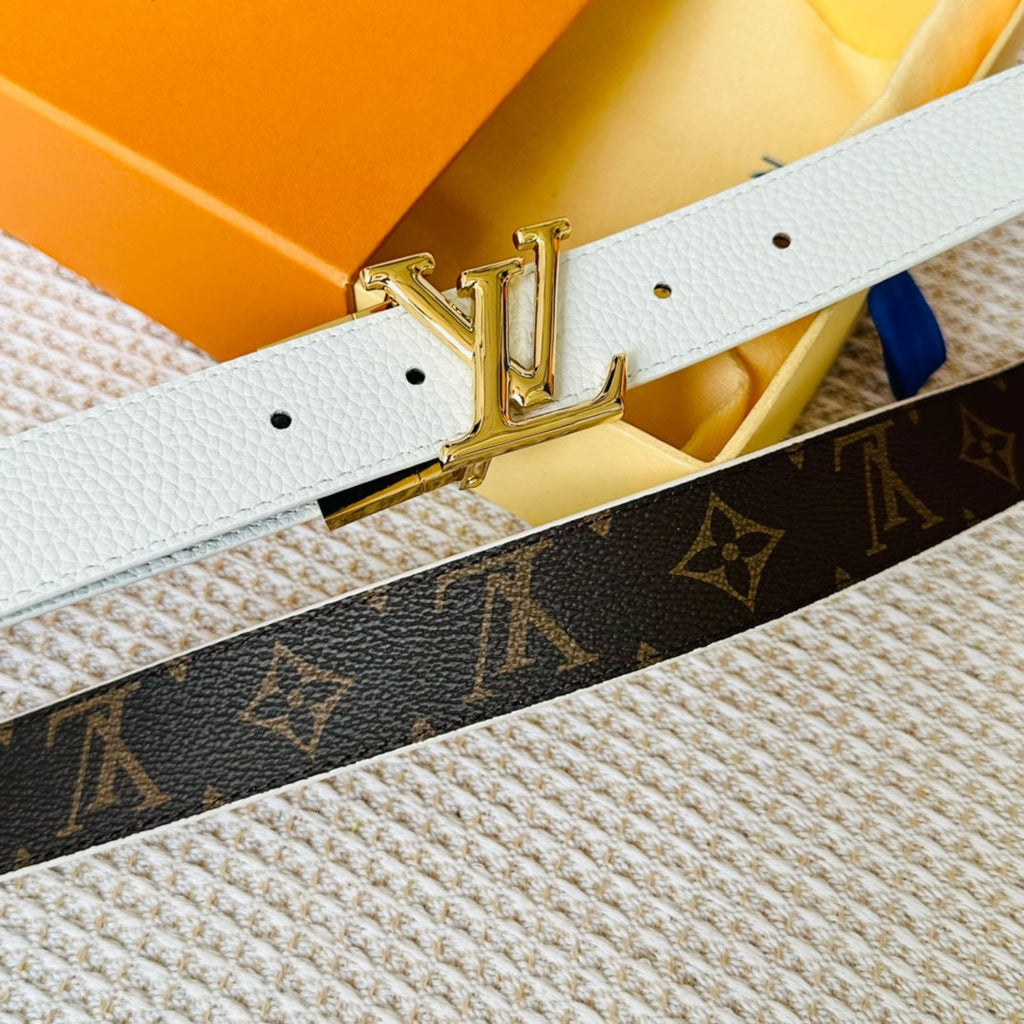 LOUIS VUITTON LV Initiales 30mm Reversible Belt Gold Rotating Buckle White Brown Leather