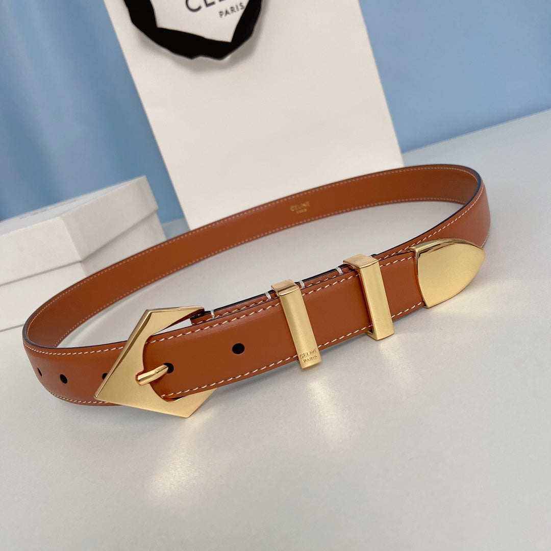 CELINE Medium Spike Belt 25mm Tan Calfskin Loop Gold Ghw