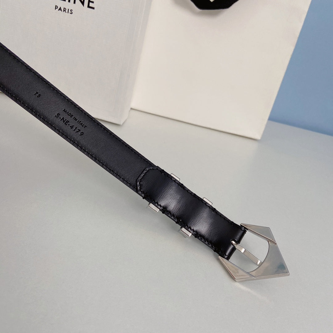 CELINE Medium Spike Belt 25mm Black Calfskin Loop Silver Shw