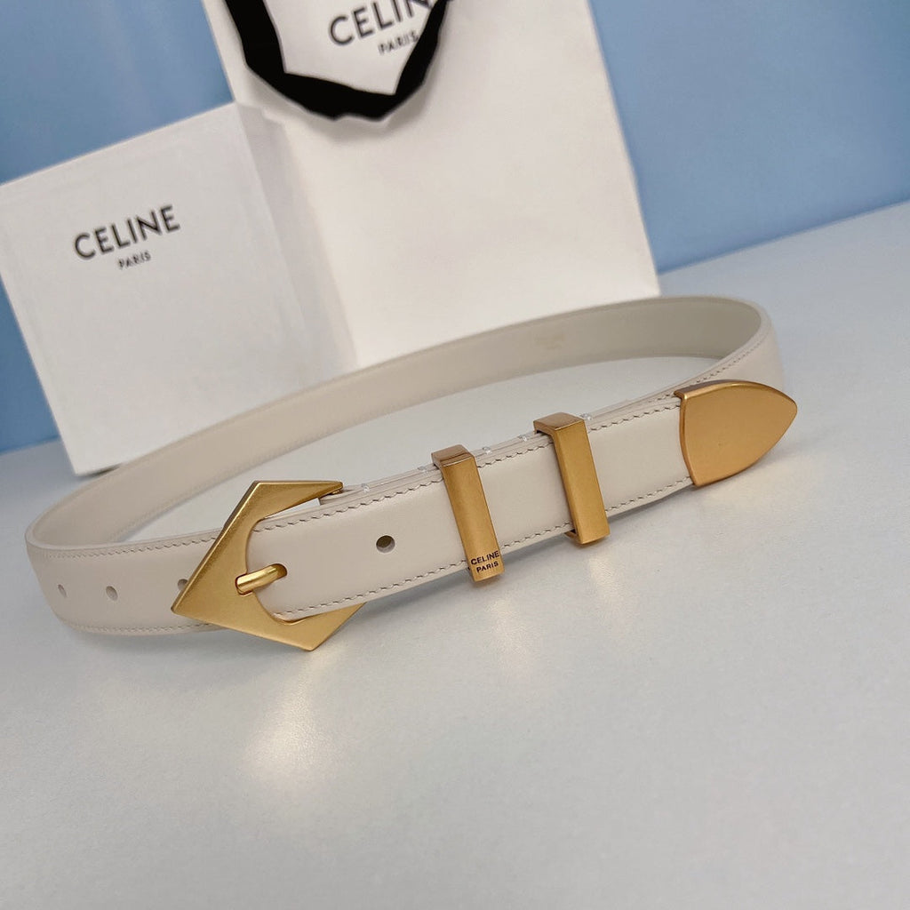 CELINE Medium Spike Belt 25mm White Calfskin Loop Gold Gold Finishing