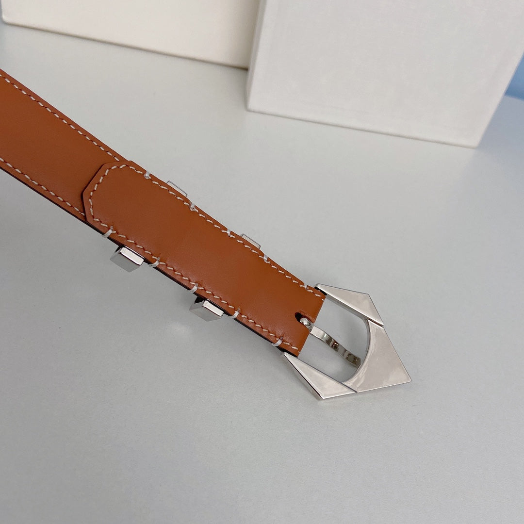 CELINE Medium Spike Belt 25mm Tan Calfskin Loop Silver Shw
