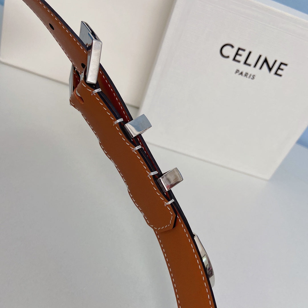 CELINE Medium Spike Belt 25mm Tan Calfskin Loop Silver Shw