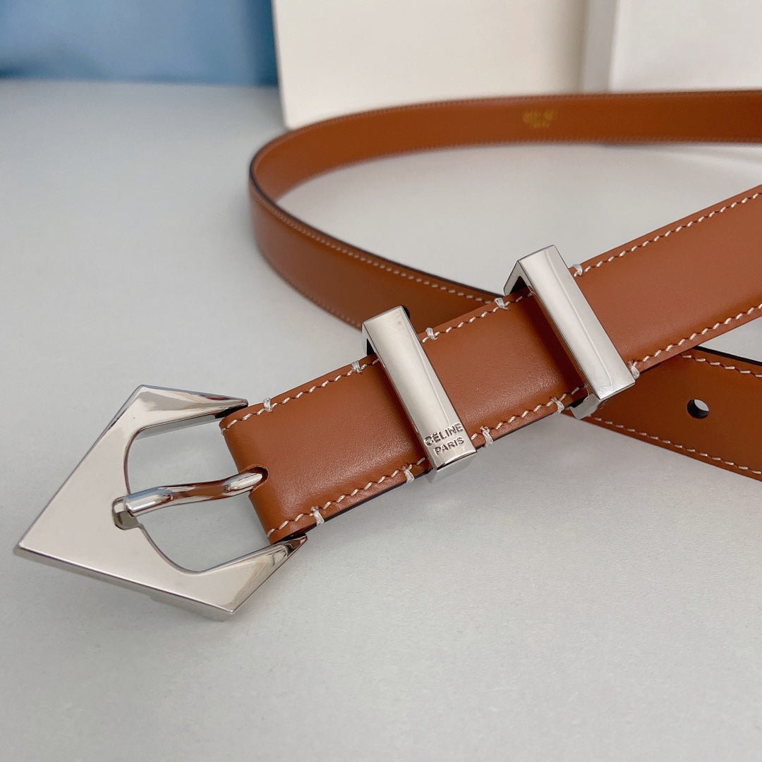 CELINE Medium Spike Belt 25mm Tan Calfskin Loop Silver Shw