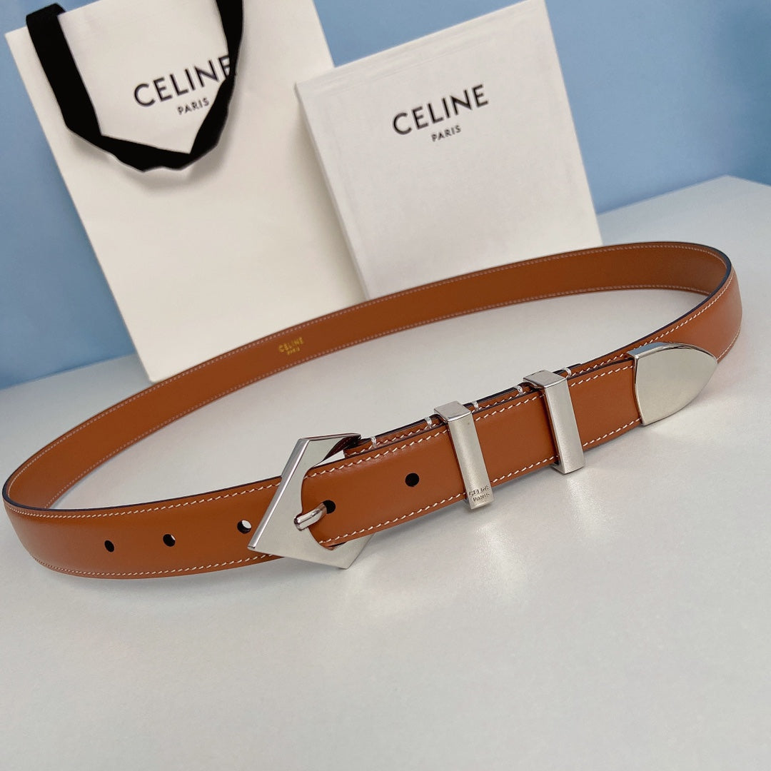CELINE Medium Spike Belt 25mm Tan Calfskin Loop Silver Shw