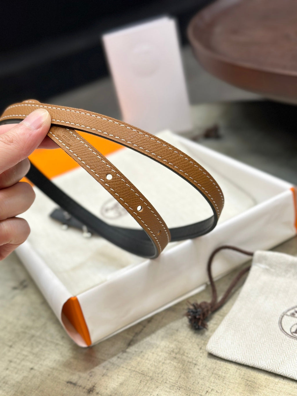 HERMES FOCUS BUCKLE & REVERSIBLE TAWNY BROWN AND BLACK LEATHER STRAP 13MM SILVER HARDWARE