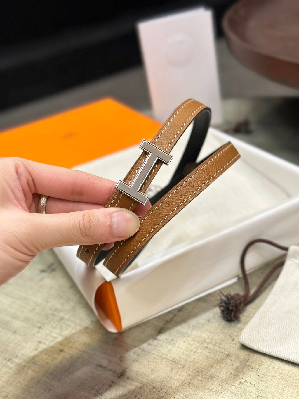 HERMES FOCUS BUCKLE & REVERSIBLE TAWNY BROWN AND BLACK LEATHER STRAP 13MM SILVER HARDWARE