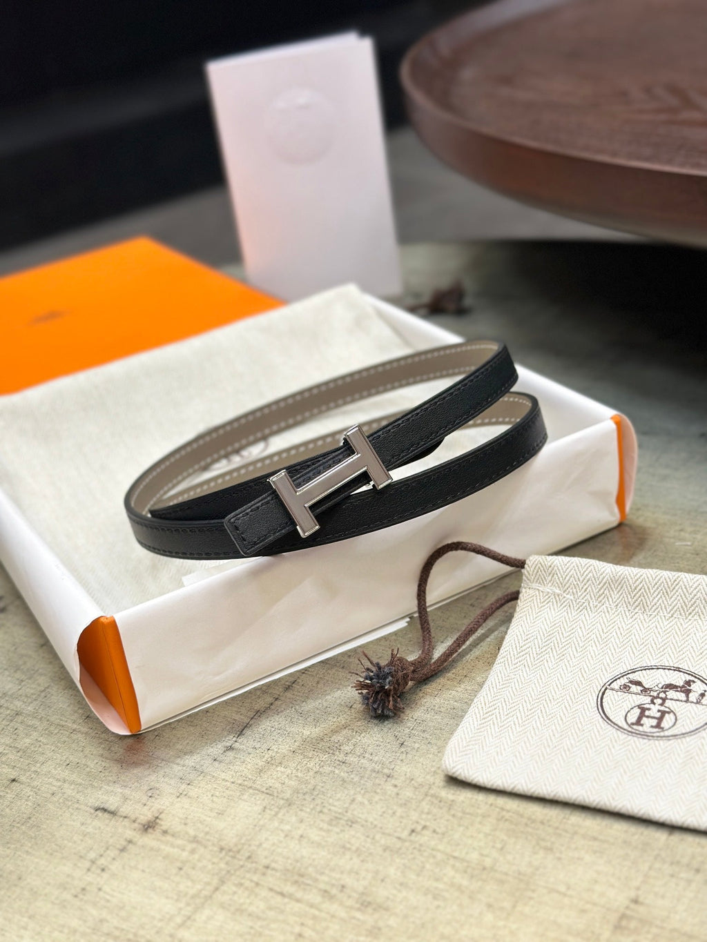 HERMES FOCUS BUCKLE & REVERSIBLE KHAKI BROWN AND BLACK LEATHER STRAP 13MM SILVER HARDWARE