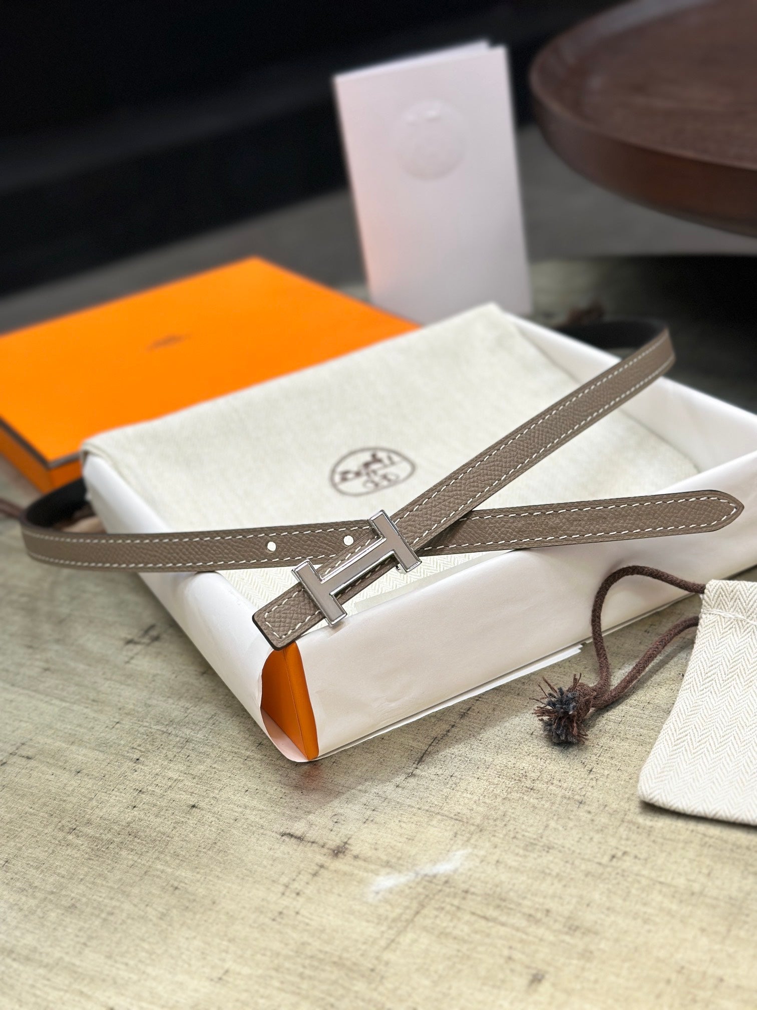 HERMES FOCUS BUCKLE & REVERSIBLE KHAKI BROWN AND BLACK LEATHER STRAP 13MM SILVER HARDWARE