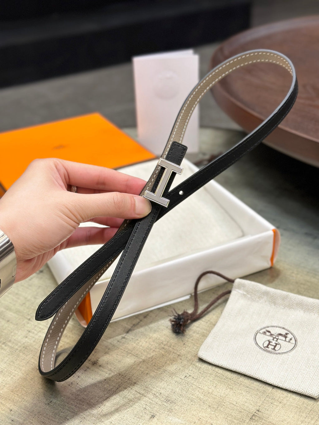 HERMES FOCUS BUCKLE & REVERSIBLE KHAKI BROWN AND BLACK LEATHER STRAP 13MM SILVER HARDWARE