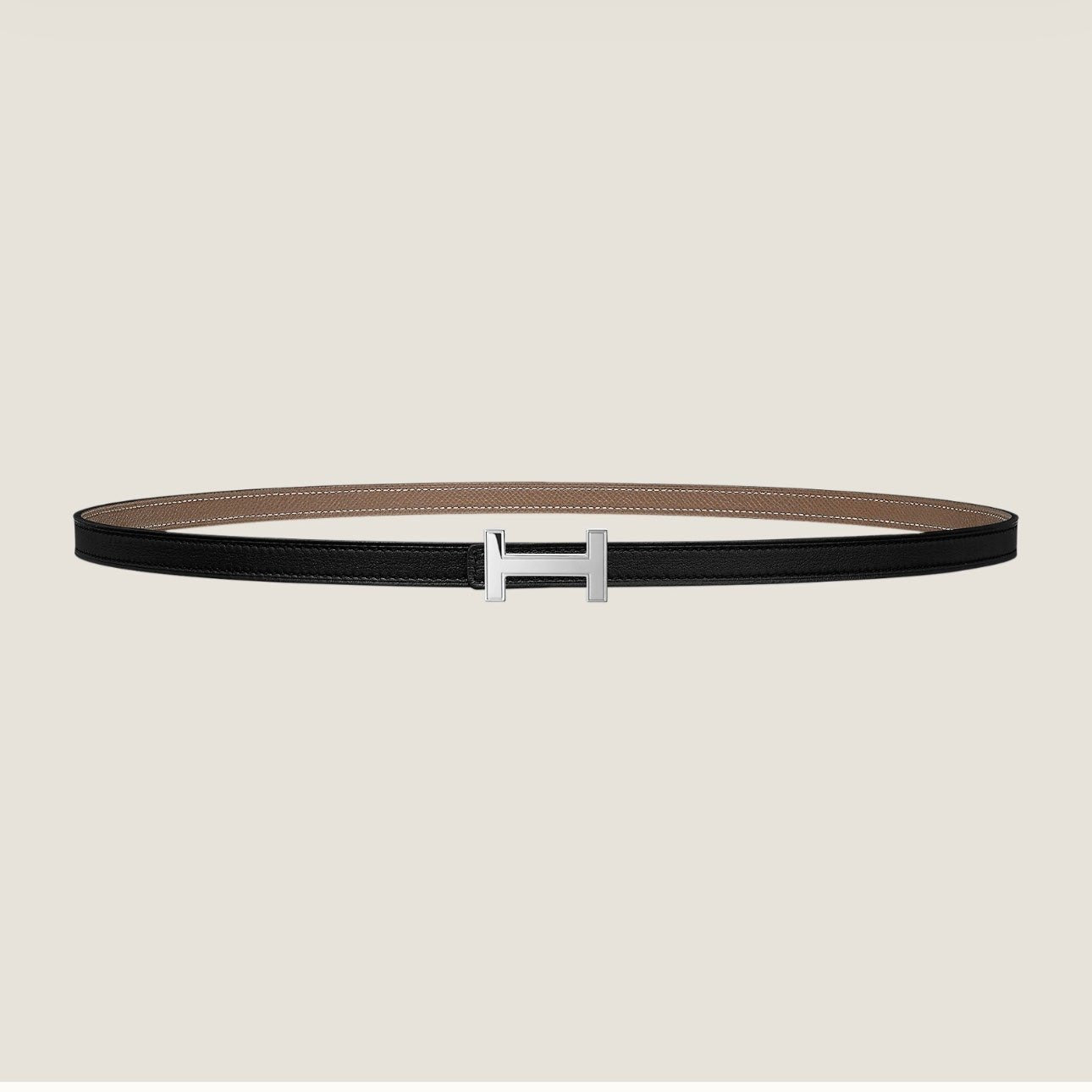 HERMES FOCUS BUCKLE & REVERSIBLE KHAKI BROWN AND BLACK LEATHER STRAP 13MM SILVER HARDWARE