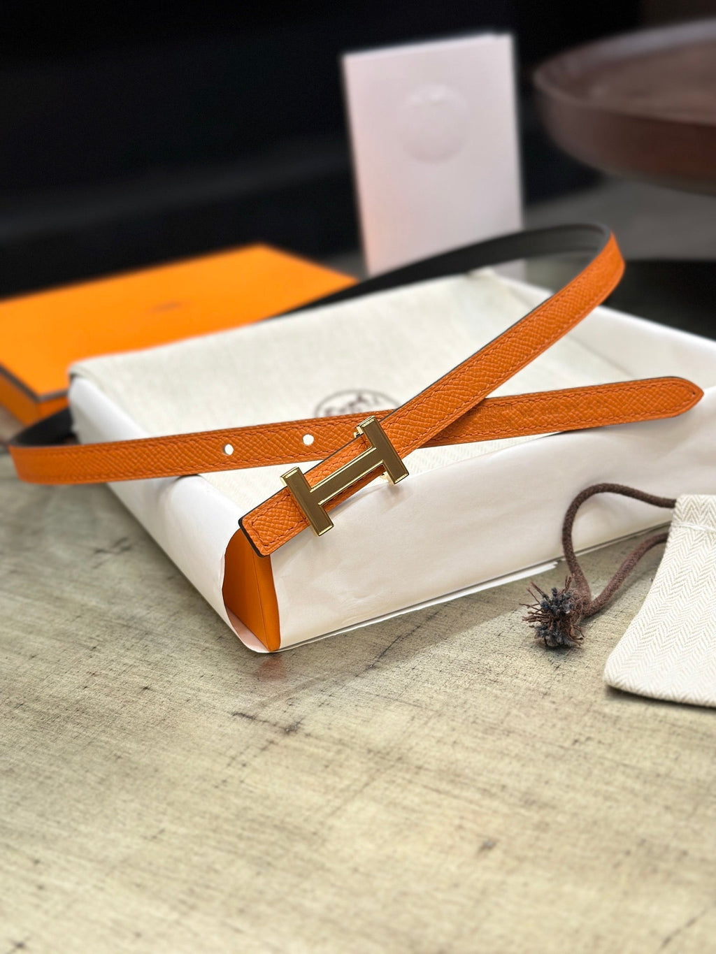 HERMES FOCUS BUCKLE & REVERSIBLE BLACK AND ORANGE LEATHER STRAP 13MM GOLD HARDWARE