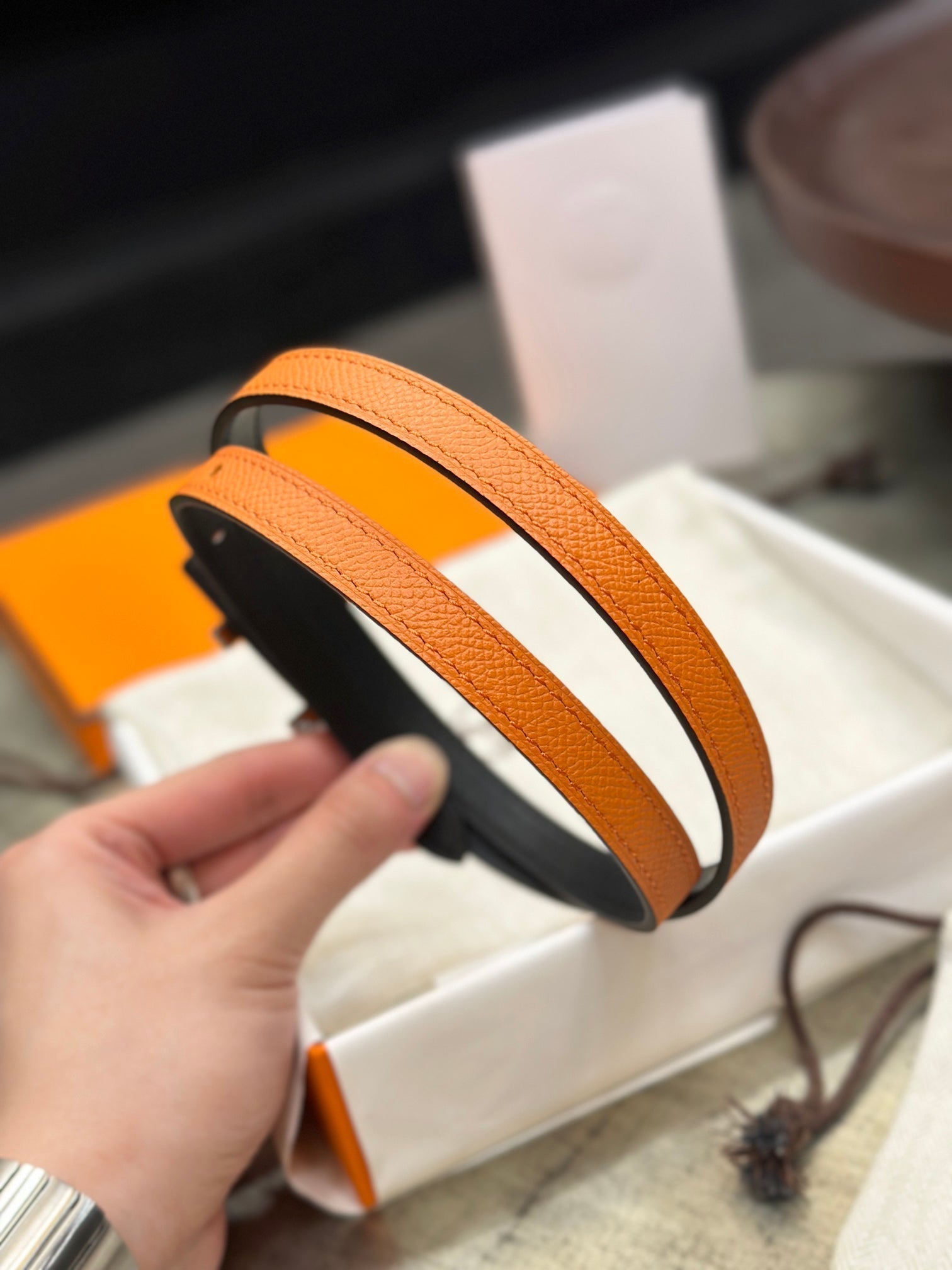 HERMES FOCUS BUCKLE & REVERSIBLE BLACK AND ORANGE LEATHER STRAP 13MM GOLD HARDWARE