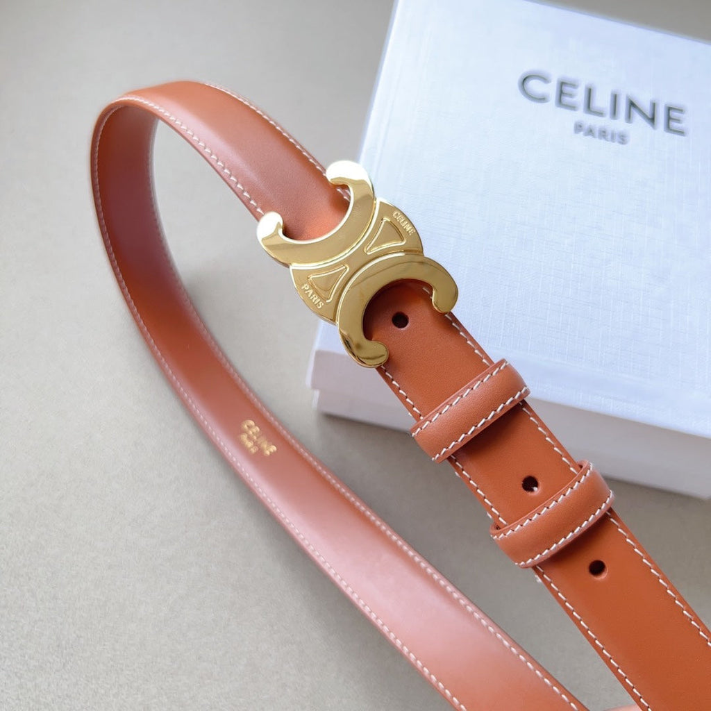 CELINE Medium Triomphe Belt 25mm Tan Calfskin White Line Finishing Ghw