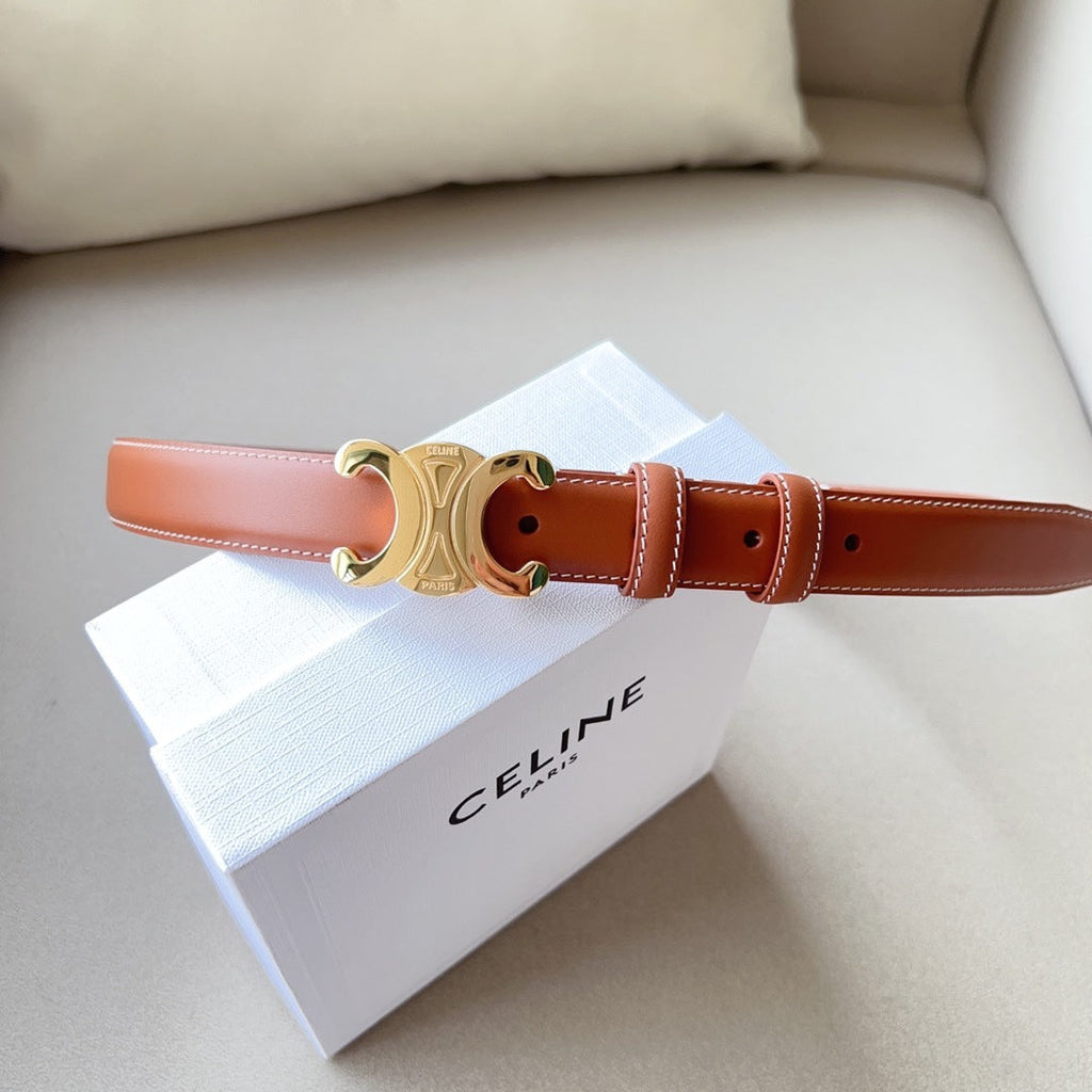 CELINE Medium Triomphe Belt 25mm Tan Calfskin White Line Finishing Ghw